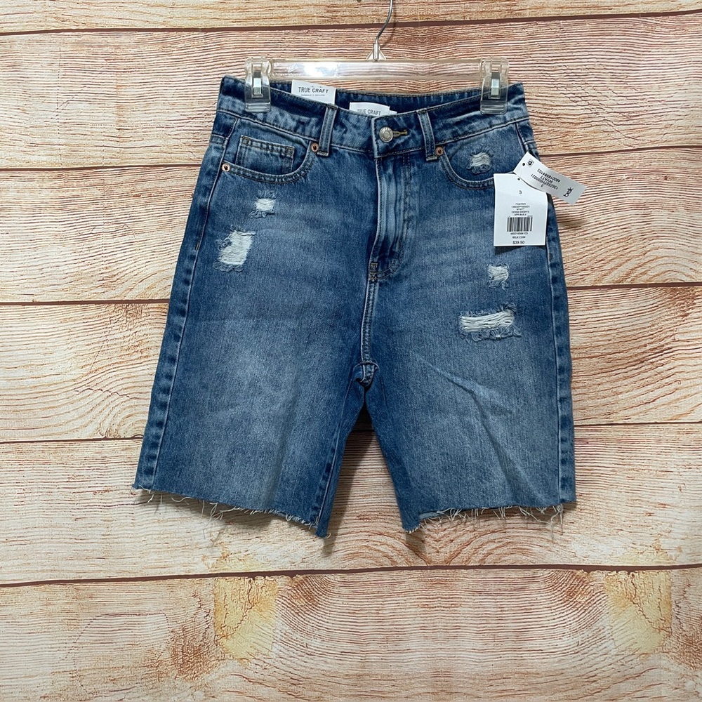 TRUE CRAFT Wyatt High Waist Spring Basa Distressed Denim Shorts
